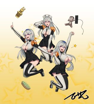 3girls absurdres adjusting_eyewear aisha_(last_origin) beeeeen black_dress boots breasts cleavage cleavage_cutout clothing_cutout dress food full_body glasses gm_orangeade hair_between_eyes hairband highres keyboard computer_keyboard last_origin long_hair monkey multiple_girls opaque_glasses pie pleated_dress purple_eyes short_dress silver_hair star_(symbol) statuette thigh_boots thighhighs