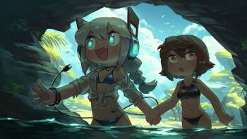 Rule 34 | 2girls, :d, :o, absurdres, aqua eyes, aqua nails, bangle, bikini, black bikini, black choker, blue sky, borrowed character, bracelet, braid, breasts, brown eyes, brown hair, cave, choker, cloud, commentary, day, digitan (porforever), electric plug, electric plug tail, english commentary, fang, flat chest, hair between eyes, highres, holding hands, interlocked fingers, jewelry, kuruna (pixel princess blitz), lightning bolt symbol, long hair, medium breasts, multiple girls, nail polish, navel, open clothes, open mouth, open shirt, original, palm tree, porforever, power symbol, robot ears, see-through clothes, see-through shirt, shirt, short hair, single off shoulder, sky, smile, star-shaped pupils, star (symbol), swimsuit, symbol-shaped pupils, tail, tied shirt, tree, twin braids, wading, water, wet, wet clothes, wet shirt, white hair, white shirt