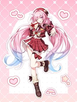 Rule 34 | 1girl, ;), alternate costume, aqua hair, beret, box, breasts, brown shoes, commentary, cyrene (demiurge) (honkai: star rail), cyrene (honkai: star rail), diamond-shaped pupils, diamond (shape), english commentary, hat, heart, heart-shaped box, highres, holding, holding heart, honkai: star rail, honkai (series), leg warmers, long hair, looking at viewer, medium breasts, one eye closed, pine (angel4195202), pink background, pink hair, pointy ears, purple eyes, red shirt, red skirt, shirt, shoes, skirt, smile, solo, symbol-shaped pupils, very long hair, white leg warmers