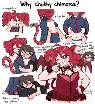 Rule 34 | 1boy, 1girl, ahoge, artist name, belt, belt collar, blush, collar, demon tail, drill hair, floating head, hand on another's cheek, hand on another's face, highres, hug, kasane teto, kasane teto (utau), loose belt, lying on lap, master (vocaloid), mitsuko tan, multiple views, one eye closed, red eyes, red hair, red nails, sound effects, speech bubble, tail, twin drills, utau