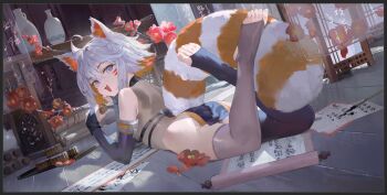 1girl animal_ears artist_request ass asymmetrical_legwear blue_eyes bottle brush demenishki detached_sleeves facial_mark feet flower food grey_hair highres ink on_floor open_mouth orange_hair parchment short_hair smile tail temple thighhighs toeless_legwear toes virtual_youtuber