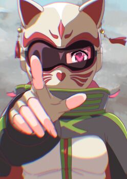 1girl a.l.a.n_(love_live!) ajapar black_shrug cat_mask chromatic_aberration code_geass commentary_request company_connection finger_gun fingernails geass green_nails grey_background heavy_chromatic_aberration highres jacket love_live! love_live!_nijigasaki_high_school_idol_club love_live!_nijigasaki_high_school_idol_club_the_movie_-_finale mask medium_hair pink_hair revision shrug_(clothing) solo sunrise_(company) tennoji_rina upper_body white_jacket