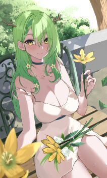 1girl absurdres alternate_costume antlers bare_arms bare_legs bare_shoulders bench blush braid braided_bangs breasts ceres_fauna choker collarbone crossed_bangs dress flower green_choker green_eyes green_nails hair_flower hair_ornament hair_over_shoulder highres holding holding_flower hololive hololive_english horns large_breasts long_hair mole mole_under_eye on_bench park_bench petal_on_head plant short_dress sitting skirt skirt_set sleeveless sleeveless_dress smile solo spaghetti_strap strap strap_slip tree tree_horns udonpan virtual_youtuber white_dress yellow_eyes yellow_flower