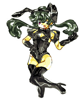 1990s_(style) animal_ears archeanowlphantom black_socks bow chinese_commentary commentary_request green_hair high_heels highres one_eye_closed original playboy_bunny rabbit_ears retro_artstyle smile socks twintails white_background