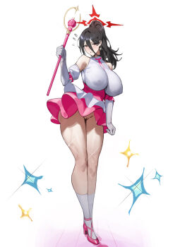 1girl absurdres alternate_costume bare_shoulders black_hair blue_archive blush breasts commentary_request covered_erect_nipples curvy detached_sleeves elbow_gloves flying_sweatdrops full_body gloves hasumi_(blue_archive) high_heels highres holding holding_staff huge_breasts hyou_(2664286753) looking_at_viewer magical_girl no_bra no_panties pussy simple_background sleeveless solo staff standing thick_thighs thighs tight_clothes uncensored white_background white_gloves