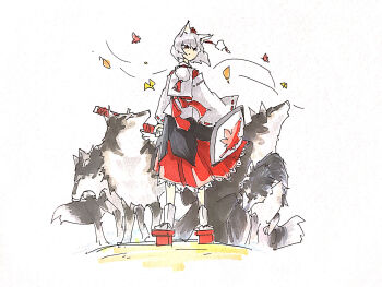 1girl animal_ears autumn_leaves commentary_request detached_sleeves doggo_1d34 falling_leaves full_body geta grey_hair hat highres holding holding_shield holding_sword holding_weapon inubashiri_momiji leaf one-hour_drawing_challenge pom_pom_(clothes) red_eyes red_hat red_sandals sandals shield socks solo sword tail tengu-geta tokin_hat touhou weapon white_socks wolf wolf_ears wolf_girl wolf_tail