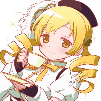 1girl beret blonde_hair bow bowtie breasts brown_corset brown_gloves commentary_request corset cup detached_sleeves drill_hair fingerless_gloves gloves hair_ornament hairpin hat holding holding_cup holding_saucer mahou_shoujo_madoka_magica mahou_shoujo_madoka_magica_(anime) nishina_(xi247) puffy_short_sleeves puffy_sleeves saucer shirt short_sleeves smile teacup tomoe_mami tomoe_mami_(magical_girl) twin_drills white_background white_shirt yellow_bow yellow_bowtie yellow_eyes