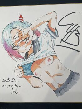 1girl blue_hair breasts clothes_lift green_eyes gujira highres lifting_own_clothes looking_at_viewer multicolored_hair navel nipples original photo_(medium) ponytail red_hair school_uniform serafuku shikishi shirt_lift skirt small_breasts solo traditional_media two-tone_hair