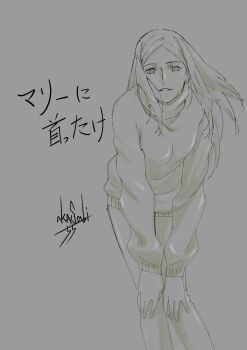 Rule 34 | 1girl, commentary request, greyscale, gundam, gundam 00, highres, long hair, looking at viewer, matsukawa tetsuya, monochrome, simple background, smile, solo, soma peries, sweater, turtleneck, turtleneck sweater