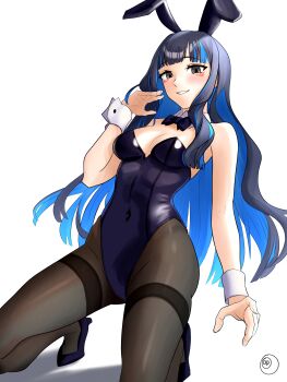1girl absurdres animal_ears bare_shoulders black_hair black_leotard blue_hair blush bow bowtie breasts brown_pantyhose cleavage colored_inner_hair covered_navel dantonphanton detached_collar eyeliner fake_animal_ears fate/grand_order fate_(series) grey_eyes grin high_heels highleg highleg_leotard highres kneeling leotard long_hair looking_at_viewer makeup medium_breasts multicolored_hair pantyhose playboy_bunny rabbit_ears sidelocks smile solo tenochtitlan_(fate) thighband_pantyhose thighs wrist_cuffs