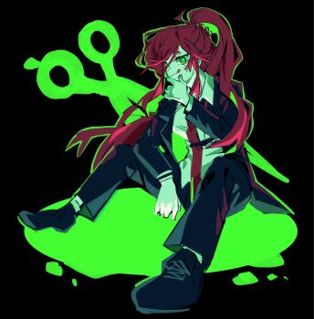 1girl :3 black_background black_jacket black_pants black_shoes closed_mouth collared_shirt gachiakuta green_eyes highres jacket lapels looking_at_viewer majin_3699 necktie notched_lapels pants ponytail red_hair red_necktie riyo_reaper shirt shoes simple_background smile solo white_shirt