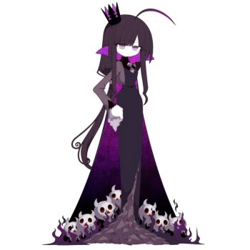 1girl ahoge cape closed_mouth colored_skin crown dress expressionless funamusea funamusea_(artist) grirea_(funamusea) long_hair long_sleeves looking_at_viewer low_ponytail mini_crown official_art ponytail purple_dress purple_eyes purple_hair skull solo white_background