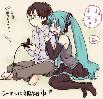 1boy 1girl clothes_grab game hatsune_miku long_hair magamoto master midriff_peek playing_games shirt_grab thighhighs translated very_long_hair vocaloid yellow_background