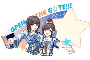 Rule 34 | 2girls, animification, brown eyes, brown hair, commentary, cropped torso, date sayuri, diao mao de yu shushu, gyaru v, hair bun, hair up, liyuu, long sleeves, looking at viewer, love live!, love live! superstar!!, multiple girls, official alternate costume, open hand, open mouth, open the gate!!! (love live!), outstretched arm, real life, short hair, short sleeves, sidelocks, simple background, single hair bun, smile, star (symbol), teeth, upper teeth only, v, white background