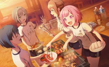 Rule 34 | 4girls, :d, ^ ^, black shorts, blue hair, bob cut, bottle, breasts, brown hair, character name, closed eyes, colorful palette, cooking, corn, game cg, green eyes, grey eyes, grey hair, grill, grilling, highres, hinomori shiho, holding, holding plate, holding tongs, kiritani haruka, kitto saikou no summer! (project sekai), looking at another, mochizuki honami, multiple girls, official art, ootori emu, open mouth, pink eyes, pink hair, plate, profile, project sekai, shirt, short hair, shorts, shrimp, skewer, smile, third-party source, tongs, tongue, v-shaped eyebrows, white shirt