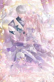 Rule 34 | 1boy, 1girl, :3, absurdres, ankle garter, bare shoulders, bell sleeves, black shirt, blue eyes, blunt bangs, bow, bow legwear, bowtie, braid, brooch, brown eyes, calendar (object), cellphone, chain, chain necklace, character name, choker, closed mouth, commission, couple, criss-cross halter, curtains, feet out of frame, flower, flower choker, frilled choker, frilled footwear, frilled pillow, frilled skirt, frilled sleeves, frills, full body, gradient clothes, gradient jacket, grey hair, grey pants, hair between eyes, hair bow, hair ornament, hair ribbon, halterneck, happy birthday, heart, heart-shaped hair, hetero, highres, holding, holding phone, jacket, jewelry, lapel pin, lapels, long hair, long sleeves, looking at another, looking at phone, love and deepspace, low block heels, medium skirt, mihuashi commission, mobile, mulijiang911, necklace, notched lapels, oc x canon, off-shoulder shirt, off shoulder, on bed, original, pants, pantyhose, phone, pillow, pink hair, purple bow, purple bowtie, purple flower, purple jacket, purple shoes, purple skirt, rabbit hair ornament, ribbon, shirt, shoes, short hair, side braids, sitting, sitting on lap, sitting on person, skirt, sleeve cuffs, sleeve garter, smartphone, spaghetti strap, star (symbol), star brooch, star hair ornament, star necklace, string lights, stuffed animal, stuffed rabbit, stuffed toy, turtleneck, turtleneck shirt, twintails, wariza, wavy hair, white bow, white choker, white jacket, white pantyhose, white ribbon, white shirt, xavier (love and deepspace)