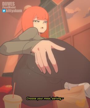 1girl animated animated_gif artist_name ass ass_focus black_eyes black_pantyhose blunt_bangs blunt_ends blush bob_cut bright_pupils commentary crotch cup diives disposable_cup drinking_straw english_commentary english_text food french_fries from_behind grabbing_own_ass hand_on_own_ass highres indoors long_sleeves looking_at_viewer looking_back looping_animation mcdonald&#039;s mother_(yoru_mac) no_pants on_table open_mouth orange_hair panties panties_under_pantyhose pantyhose presenting short_hair solo spread_ass striped_clothes striped_panties subtitled sweater table thong twitter_logo underwear watermark white_pupils yoru_mac