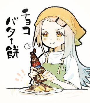 ! !! >:) 1girl apron blonde_hair blush_stickers bottle closed_mouth colored_eyelashes commentary_request dot_nose doyagao eyes_visible_through_hair film_grain flipped_hair food gakuen_idolmaster green_apron hair_ornament hairclip headscarf holding holding_bottle idolmaster long_hair looking_at_viewer nendo23 parallel_hairclips parted_bangs plate puff_of_air shinosawa_hiro shirt short_sleeves side_part smug solo sparkle sprinkles t-shirt table upper_body v-shaped_eyebrows white_background white_shirt yellow_eyes yellow_headscarf