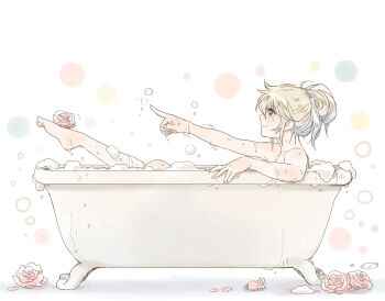 1boy alternate_hairstyle bare_shoulders bath bathing bathtub blonde_hair blue_eyes blue_hair bubble claw_foot_bathtub feet flower from_side gradient_hair hair_bun hand_up index_finger_raised leg_up male_focus mizuhara_aki mole mole_under_eye multicolored_hair nude partially_submerged pink_flower pink_rose pisces_aphrodite poking profile rose saint_seiya smile soap_bubbles solo trap two-tone_hair