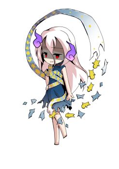 1girl barefoot blue_dress chibi chibi_only commentary_request crescent dairi dress full_body hair_between_eyes hand_on_own_hip large_variant_set long_hair long_hair_between_eyes red_eyes ribbon_around_body shaded_face simple_background sleeveless sleeveless_dress snake solo star_(symbol) tachi-e torn_clothes torn_dress touhou transparent_background triangle variant_set yuiman_asama