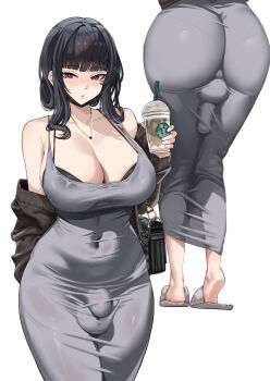 1futa absurdres arm_behind_back armpit_crease ass bag bare_shoulders black_bra black_cardigan black_hair black_mask blunt_bangs blush bra bra_peek breasts bulge cardigan cleavage collarbone commentary covered_navel covered_penis covered_testicles cowboy_shot cup d_(killer_wife)_(nikke) d_(nikke) disposable_coffee_cup disposable_cup dongtan_dress dress drinking_straw english_commentary from_behind futanari goddess_of_victory:_nikke grey_dress grey_slippers hand_up handbag heart heart_necklace heel_up highres holding holding_cup huge_breasts jewelry large_breasts long_dress long_hair long_sleeves looking_at_viewer lower_body mask mask_pull mouth_mask multiple_views necklace off_shoulder official_alternate_costume paid_reward_available pantylines parted_lips pencil_dress pink_eyes shoulder_bag simple_background sleeveless sleeveless_dress slippers soles standing testicles tight_clothes tight_dress underwear white_background wujack