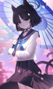 1girl absurdres animal_ear_fluff animal_ears black_choker black_eyes black_hair blue_archive blue_halo blue_neckerchief blue_sailor_collar blue_skirt blue_umbrella blush cat_ears cat_girl cat_tail cherry_blossoms choker chyuukaa0124 cloud commentary_request cowboy_shot eyelashes falling_petals halo highres holding holding_umbrella kikyou_(blue_archive) long_sleeves looking_at_viewer multiple_tails neckerchief oil-paper_umbrella outdoors petals pink_clouds pink_petals pleated_skirt ribbon_choker sailor_collar school_uniform serafuku shirt skirt sky solo tail two_tails umbrella white_shirt