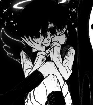 Rule 34 | 1boy, alternate sleeve length, angel wings, antenna hair, bags under eyes, black background, blood, blood on clothes, blood on face, blood on hands, blood on leg, closed mouth, collared shirt, commentary request, crossed legs, double-parted bangs, empty eyes, feet out of frame, glowing, glowing halo, greyscale, hair behind ear, hair between eyes, halo, hands on own cheeks, hands on own face, hands up, high contrast, highres, kneehighs, long sleeves, looking at viewer, male focus, monochrome, no pupils, omori, rou (h s sinrin), shirt, short hair, shorts, simple background, single wing, sitting, smile, socks, solo, something (omori), sparkle, sunny (omori), sweater vest, very short hair, wings