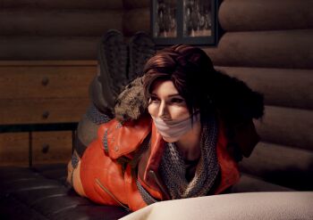 1girl 3d arms_behind_back bdsm bed bondage bound bound_ankles bound_arms bound_legs brown_eyes brown_hair cabin cloth_gag coat gag gagged highres hogtie improvised_gag lara_croft on_bed cloth_gag rope skvrwiel tomb_raider winter_clothes winter_coat