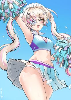 absurdres armpits blonde_hair breasts cheerleader cleavage crop_top eyepatch fang heiz_illust highres medium_breasts multicolored_hair navel open_mouth panties phase_connect pink_hair pom_pom_(cheerleading) rinkou_ashelia skirt smile twintails underwear virtual_youtuber