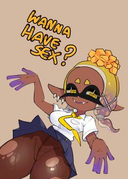 +_+ 1girl absurdres blonde_hair blue_skirt breast_pocket breasts brown_background brown_pantyhose buttons cameltoe cephalopod_eyes closed_mouth collared_shirt commentary cowboy_shot dark-skinned_female dark_skin dress_shirt english_commentary english_text eyelashes fangs female_focus frye_(splatoon) hair_ornament hair_tie highres inkling jitome large_breasts looking_at_viewer miniskirt naughty_face necktie nintendo outstretched_arms pantyhose pleated_skirt pocket pointy_ears pom_pom_(clothes) pom_pom_hair_ornament presenting purple_lips shirt short_hair short_sleeves simple_background skirt smile solo splatoon_(series) splatoon_3 tentacle_hair thick_eyebrows thick_thighs thighs torn_clothes torn_pantyhose upskirt weeze white_shirt wind wind_lift yellow_eyes yellow_necktie
