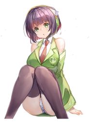1girl :o ajishio bare_shoulders black_hair black_thighhighs blunt_bangs breasts commentary detached_sleeves feet_out_of_frame green_eyes green_jacket green_sleeves headphones headset jacket knees_up kyoumachi_seika medium_breasts necktie panties pantyshot polka_dot polka_dot_panties red_necktie shirt sitting solo thighhighs underwear voiceroid white_background white_shirt