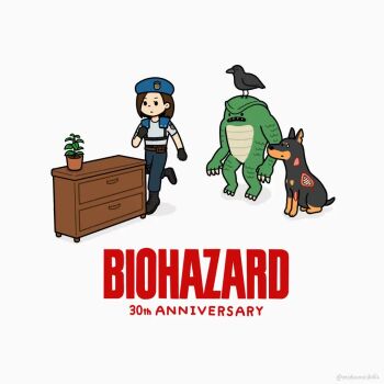 1girl animated anniversary arimuramoha artist_name beret bird black_eyes black_gloves blue_hat blue_shirt brown_hair claws colored_skin copyright_name crow dog fingerless_gloves gloves green_skin hat hunter_(resident_evil) jill_valentine looping_animation monster plant potted_plant resident_evil resident_evil_1 running shirt shoulder_pads simple_background tagme video white_background