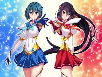 2girls alternate_costume black_hair blue_eyes blue_hair blue_sailor_collar blue_skirt blush boots breasts brown_eyes chest_jewel clenched_hand closed_mouth covered_navel elbow_gloves game_cg gloves hair_between_eyes hair_ornament hand_on_own_hip high_heels hizaki_kureha impossible_clothes large_breasts large_variant_set long_hair looking_at_viewer magical_girl medium_breasts miniskirt mizushima_aoi multiple_girls nana_g non-web_source official_art pleated_skirt red_eyes red_sailor_collar red_skirt sailor_aqua_(sailor_element) sailor_collar sailor_element sailor_ignis_(sailor_element) sailor_senshi_uniform short_hair skirt smile solo standing tachi-e thigh_boots thighhighs tiara transparent_background variant_set very_long_hair white_gloves white_thighhighs zettai_ryouiki
