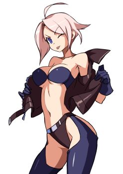1girl ;p absurdres angel_(kof) backless_pants blue_eyes blue_gloves breasts chaps contrapposto cropped_jacket gloves highres jacket julianvanist leather leather_jacket looking_at_viewer midriff navel one_eye_closed open_clothes open_jacket panties pants short_hair simple_background tongue tongue_out underwear w_arms white_background white_hair