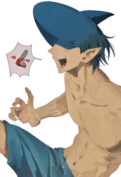 1boy absurdres beam_(chainsaw_man) bird2120rm black_hair blue_shorts chainsaw chainsaw_devil chainsaw_man highres light_blush male_focus open_mouth pointy_ears shark shark_boy sharp_teeth short_hair shorts sketch smile solo spoken_character teeth topless_male white_background