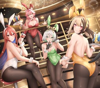 5girls absurdres ahoge alcohol alternate_costume animal_ears black_gloves black_pantyhose blonde_hair blue_eyes blue_hair breasts brown_hair cat_ears cat_girl cecilia_immergreen cleavage collar colored_inner_hair detached_collar elizabeth_rose_bloodflame explosive fake_animal_ears gigi_murin gloves green_leotard grenade grey_hair highres hololive hololive_english large_breasts leotard long_hair looking_at_viewer multicolored_hair multiple_girls nail_polish pantyhose pink_eyes pink_hair playboy_bunny popcornflakes rabbit_ears raora_panthera red_eyes red_hair red_leotard red_nails short_hair small_breasts tail very_long_hair virtual_youtuber white_collar white_hair white_leotard white_wrist_cuffs winding_key wine wrist_cuffs yellow_eyes yellow_leotard