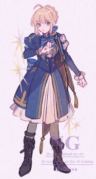 Rule 34 | 1girl, ahoge, armor, artist name, artoria pendragon (fate), back bow, black boots, black ribbon, blonde hair, blue bow, blue bowtie, blue dress, blue eyes, boots, bow, bowtie, braid, breasts, buttons, clothing cutout, commentary request, dress, fate/stay night, fate/unlimited blade works, fate (series), fingernails, frills, full body, grey pantyhose, hair between eyes, hair bow, hair bun, hand up, hands up, high heel boots, high heels, highres, honkai: star rail, honkai (series), juliet sleeves, long sleeves, looking to the side, machi (uqyjee), medium breasts, open mouth, pantyhose, puffy sleeves, ribbon, saber (fate), saber (honkai: star rail) (fate), short hair, shoulder armor, sidelocks, simple background, single braid, solo, standing, star (symbol), striped bow, striped bowtie, striped clothes, tassel, two-tone dress, watermark, white background, white dress