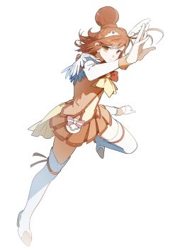 1girl absurdres ascot bag_bow boots bow bowtie brooch clenched_hand closed_mouth commentary_request cure_sunny detached_sleeves feather-trimmed_sleeves floating_hair footwear_ribbon full_body hair_bun happy high_heel_boots high_heels highres hino_akane_(smile_precure!) jewelry leg_up long_sleeves looking_at_viewer magical_girl miniskirt morgue_(southsakura) orange_bow orange_bowtie orange_eyes orange_hair orange_ribbon orange_shorts orange_skirt orange_wrist_cuffs outstretched_hand pink_bow pleated_skirt precure ribbon running short_hair short_sleeves shorts simple_background single_hair_bun single_stripe skirt smile smile_precure! solo striped_bow swept_bangs thigh_boots train_(clothing) waist_bag white_background white_bag white_boots white_sleeves wrist_cuffs yellow_ascot
