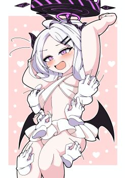 1girl absurdres ahoge black_halo blue_archive breasts demon_girl demon_horns demon_wings grabber_tool halo hand_up heart highres hina_(blue_archive) horns ken725011186 loli long_hair looking_at_viewer open_mouth purple_eyes small_breasts standing swimsuit thighs tickling tickling_armpits white_hair wings