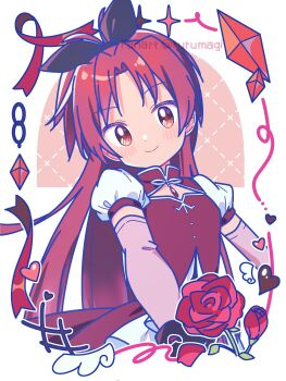 Rule 34 | 1girl, absurdres, black ribbon, blush, closed mouth, commentary request, cropped torso, detached sleeves, dot nose, dress, flower, grid background, hair ribbon, highres, long hair, long sleeves, looking at viewer, magical girl, mahou shoujo madoka magica, mahou shoujo madoka magica (anime), orange eyes, red dress, red flower, red hair, red rose, red sleeves, ribbon, rose, ruru (rurumagi), sakura kyoko, sakura kyoko (magical girl), short sleeves, smile, solo, twitter username