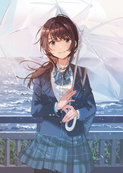 Rule 34 | 1girl, blue bow, blue skirt, blush, bow, bowtie, brown hair, chitose-kun wa ramune bin no naka, commentary request, fly (marguerite), guest art, highres, holding, holding umbrella, long hair, looking at viewer, ponytail, school uniform, second-party source, shirt, skirt, smile, solo, uchida yua, umbrella, water, white shirt