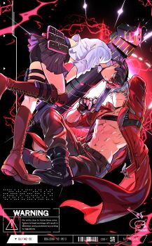 Rule 34 | 1boy, 1girl, abs, absurdres, baehee5502, bike shorts, black gloves, black hair, blue eyes, boots, coat, commentary request, dante (devil may cry), dated, devil may cry, devil may cry (series), devil may cry 3, ebony &amp; ivory, fingerless gloves, gloves, green eyes, gun, handgun, highres, holding, holding gun, holding weapon, kalina ann (weapon), korean commentary, lady (devil may cry), looking at viewer, midriff, no shirt, red coat, red eyes, rocket launcher, scar, scar on face, scar on nose, shirt, signature, skirt, smile, weapon, white hair, white shirt