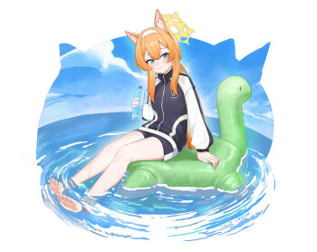 Rule 34 | 1girl, absurdres, animal ear fluff, animal ears, artist name, barefoot, black jacket, black shorts, blue archive, blue eyes, blush, bottle, cat ears, cat girl, chinese commentary, closed mouth, commentary request, dated, day, double-parted bangs, feet, full body, gym uniform, hair between eyes, hair ribbon, hairband, halo, hand up, highres, holding, holding bottle, inflatable toy, jacket, long hair, looking at viewer, low ponytail, mari (blue archive), mari (track) (blue archive), ocean, official alternate costume, official alternate hairstyle, orange hair, outdoors, ponytail, ribbon, ripples, shangdi de fa zhang, shorts, sidelocks, sitting, smile, soaking feet, solo, straight hair, toes, track jacket, trinity general school logo, very long hair, water bottle, wet, white hairband, white ribbon, yellow halo