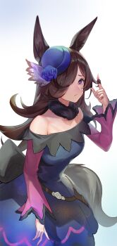 1girl :/ absurdres animal_ears bare_shoulders blue_background blue_dress blue_flower blue_hat blue_rose breasts brown_hair commentary_request dress flower fur_collar furrowed_brow gradient_background hair_over_one_eye hand_up hat hat_flower highres horse_ears horse_girl horse_tail index_finger_raised long_hair looking_at_viewer lulu_(user_sknw5374) off-shoulder_dress off_shoulder one_eye_covered purple_eyes rice_shower_(umamusume) rose solo tail tilted_headwear twirling_hair umamusume upper_body white_background