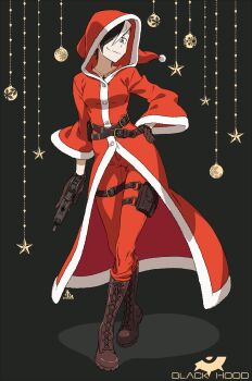 1girl absurdres artist_name black_hair boots brown_boots brown_gloves commentary_request cross cross_necklace gloves gun highres holding holding_gun holding_weapon hood hood_up iwado_anna jewelry kamezaemon necklace original santa_costume short_hair solo weapon