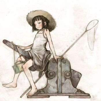 1girl barefoot butterfly_net dress feet female_focus gomennasai hand_net hat loli net pump solo straw_hat