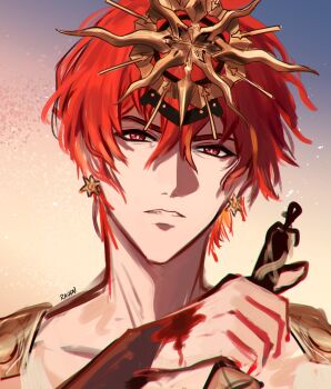 1boy augusta_(wuthering_waves) chromatic_aberration commentary_request earrings genderswap genderswap_(ftm) hair_between_eyes hand_up headgear highres jewelry jhenny345 looking_at_viewer male_focus parted_lips portrait red_eyes red_hair short_hair solo spanish_commentary sun_earrings wuthering_waves