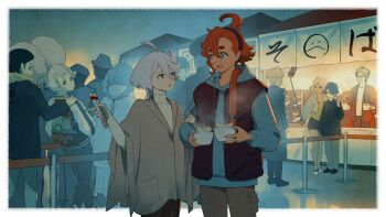 afro afro_puffs ahoge alternate_costume anger_vein beanie black_hair black_hairband black_jacket black_shirt blue_hair blunt_bangs border bowl braid brown_cardigan brown_eyes cardigan casual cellphone chopsticks chuatury_panlunch collared_shirt colored_inner_hair couple crowd earrings elan_ceres eye_contact food food_stand fur-trimmed_jacket fur_trim green_hair guel_jeturk gundam gundam_suisei_no_majo hair_between_eyes hair_over_one_eye hair_over_shoulder hairband hand_on_another's_arm hand_on_another's_shoulder haori haro hat highres holding holding_bowl holding_chopsticks hood hood_down hoodie jacket japanese_clothes jewelry lilique_kadoka_lipati long_hair long_sleeves looking_at_another looking_to_the_side low-tied_long_hair low_ponytail market_stall miorine_rembran multicolored_hair multiple_boys multiple_girls nika_nanaura nuno_kargan ojelo_gabel open_mouth outdoors pants parted_bangs people phone pink_hair pointing pointing_to_the_side ponytail pushing queue red_hair rouji_chante secelia_dote selfie selfie_stick shirt shoes short_hair short_shorts shorts shrimp shrimp_tempura sidelocks sideways_glance single_sidelock smartphone smile striped_clothes striped_jacket suletta_mercury sun_4x3 sweater taking_picture teeth tempura thick_eyebrows turtleneck turtleneck_sweater twin_braids upper_teeth_only v white_border white_hair white_shirt yellow_shirt yuri