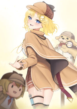 1girl absurdres akaharuu blonde_hair blue_eyes bow brown_capelet brown_coat brown_hat bubba_(watson_amelia) capelet clock coat cowboy_shot dog hair_ornament hat hat_bow highres hololive hololive_english holstered looking_back magnifying_glass necktie open_mouth plaid_clothes plaid_skirt red_necktie red_skirt shirt short_hair simple_background skindentation skirt smol_ame solo_focus standing thigh_strap thighhighs virtual_youtuber watson_amelia watson_amelia_(1st_costume) white_shirt