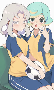 2girls akasode_matsuri_(inazuma_eleven) aqua_hair ball blonde_hair blue_eyes blue_shorts bob_cut collared_shirt grey_eyes grey_hair highres holding holding_ball hoshimura_nao_(inazuma_eleven) inazuma_eleven inazuma_eleven_(series) inazuma_eleven_victory_road looking_at_viewer medium_hair multicolored_hair multiple_girls open_mouth raimon raimon_soccer_uniform shirt short_hair shorts sitting soccer_ball soccer_uniform sportswear ura_(hamburg_oniku)